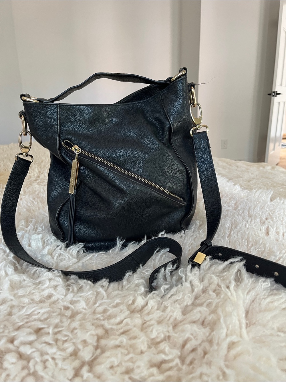 Kelsi Dagger Black pebbled Leather Shoulder Bag with Gold Hardware